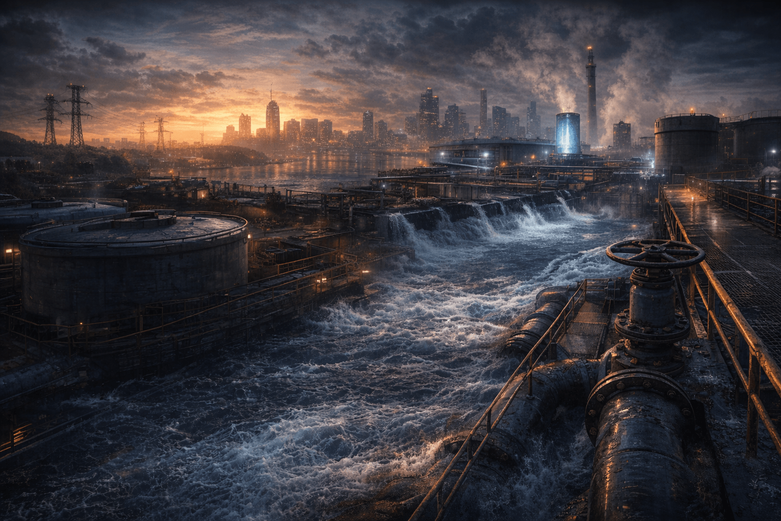 Water treatment facility at dusk